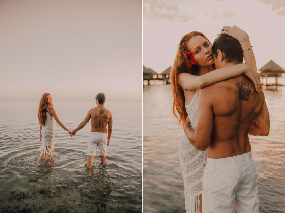 Séance photo de couple sur la plage de l'hôtel Le Méridien Tahiti