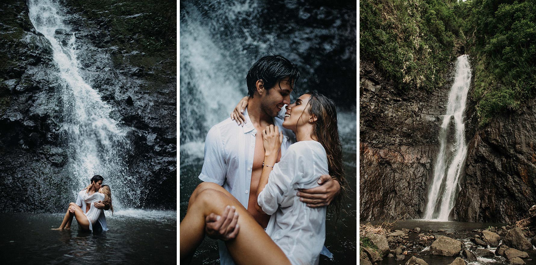 Photos de couple sous une cascade à Tahiti - MG Photographe tahiti
