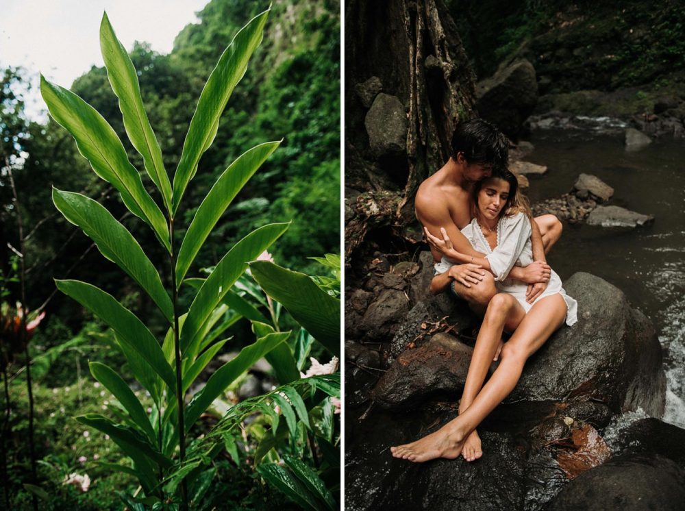 Photos de couple sous une cascade à Tahiti - MG Photographe tahiti